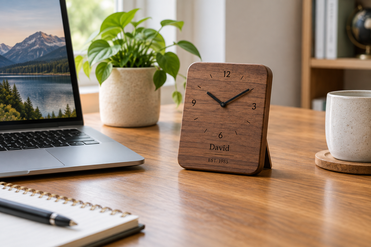 Personalized wooden desk clock on a home office desk
