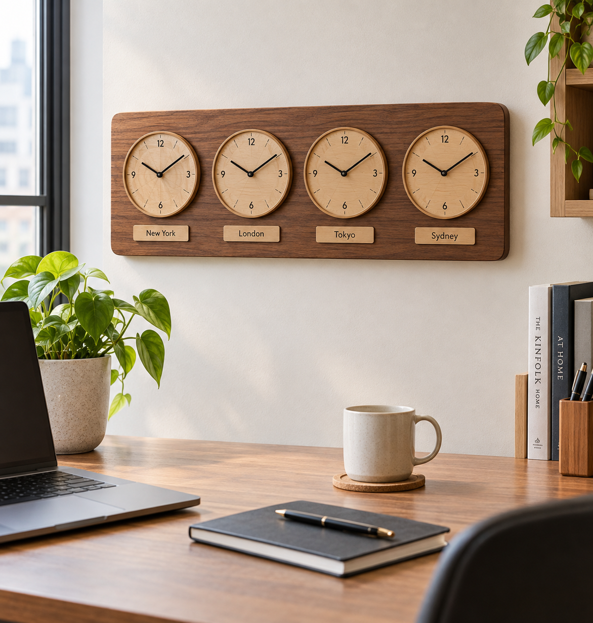 Multi time zone wooden wall clock showing New York London Tokyo and Sydney