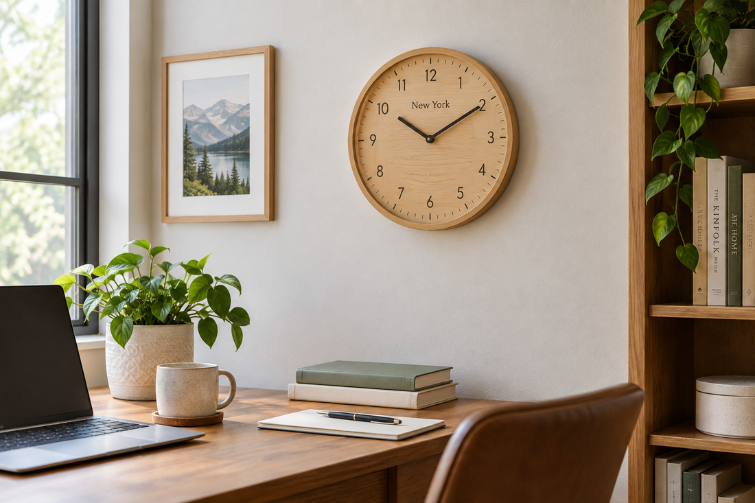 Personalized wooden wall clock on the wall of a study room