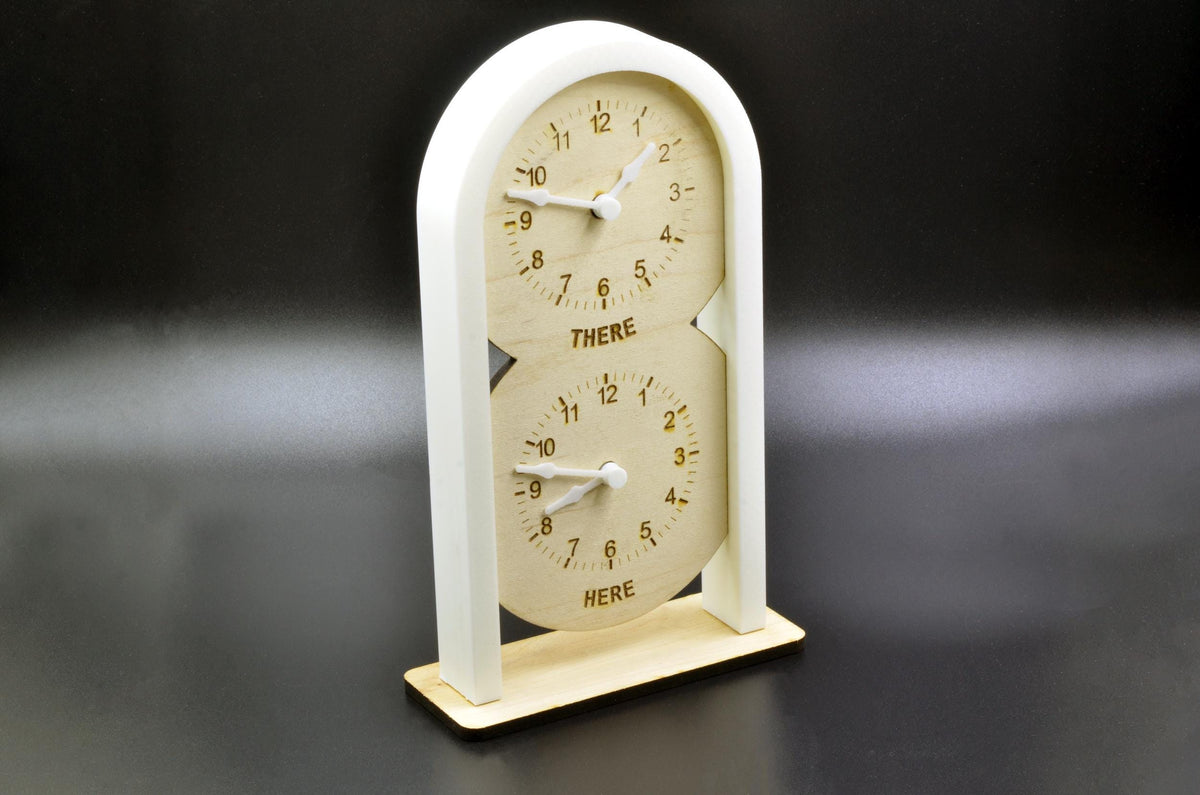 Personalized Ar-shaped wooden clock with two custom city time displays