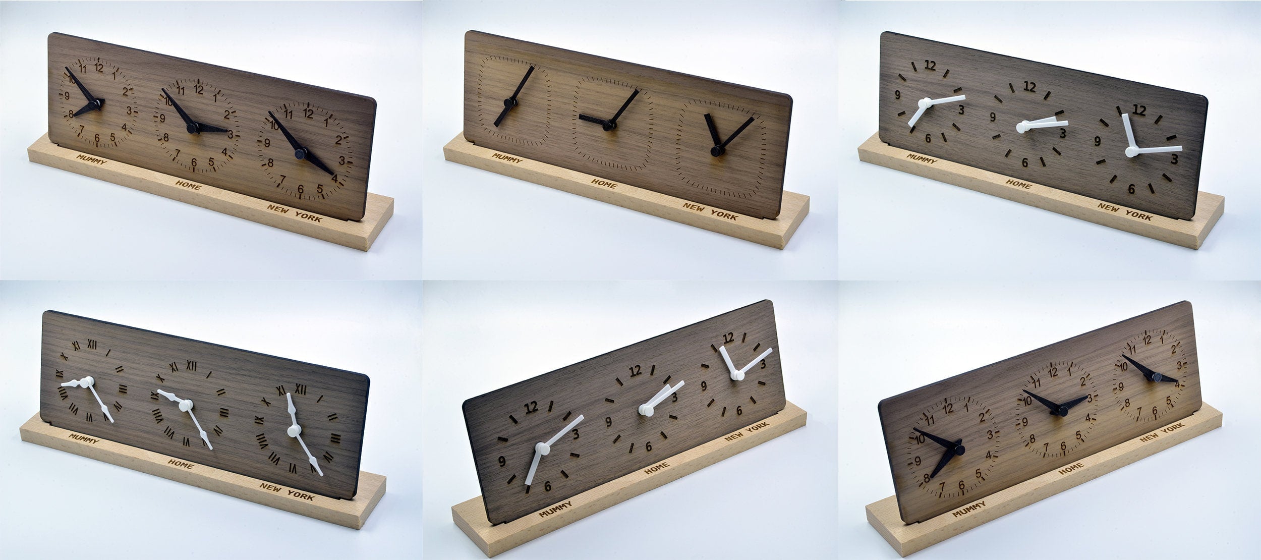 Personalized Three Time Zone Clock Custom Made World 3 Timezone Desktop Table World Clock Walnut Wood