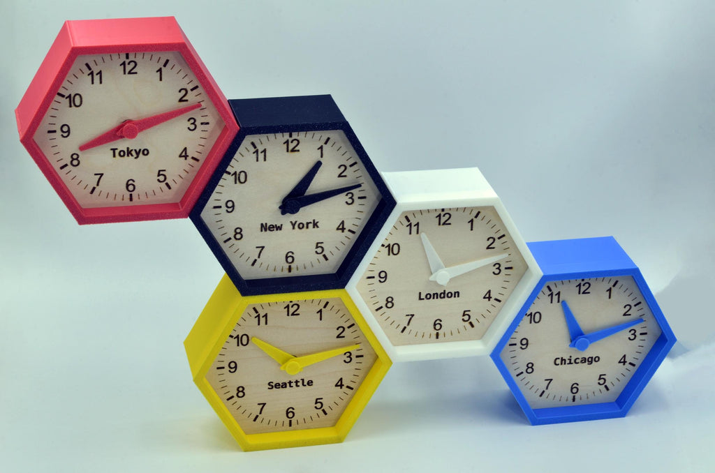 Set of Custom Multi-Timezone Clocks – Maple Wood Hexagon Desk Clocks in Black, White, Red, Blue, and Yellow – Perfect for Office or Gifts