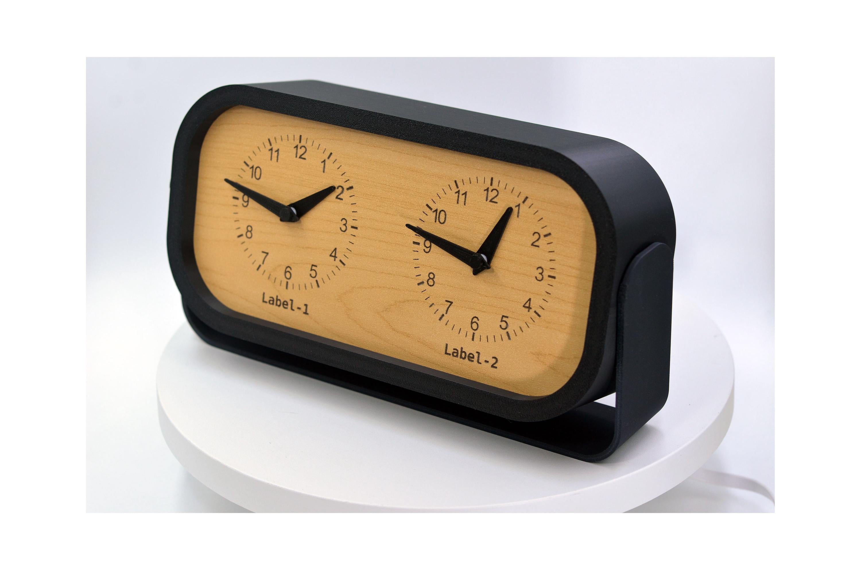 Personalized Two Time Zone Clock Custom Made World 2 Timezone Desktop Table, Minimalist Modern Desk Clock with Tilting Base, Slient Clock