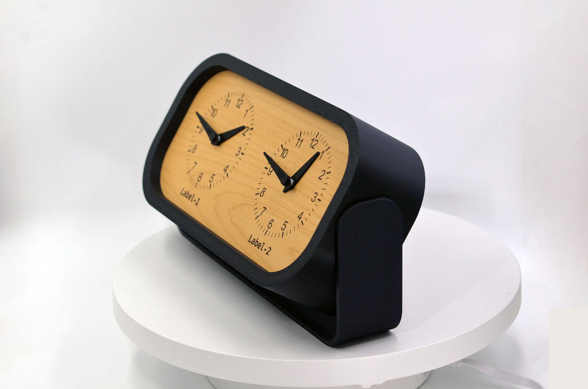 Personalized Two Time Zone Clock Custom Made World 2 Timezone Desktop Table, Minimalist Modern Desk Clock with Tilting Base, Slient Clock