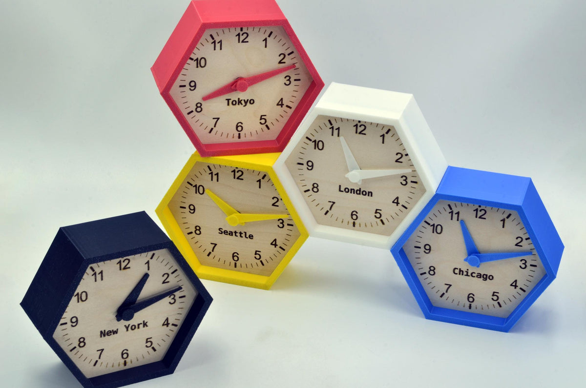 Set of Custom Multi-Timezone Clocks – Maple Wood Hexagon Desk Clocks in Black, White, Red, Blue, and Yellow – Perfect for Office or Gifts