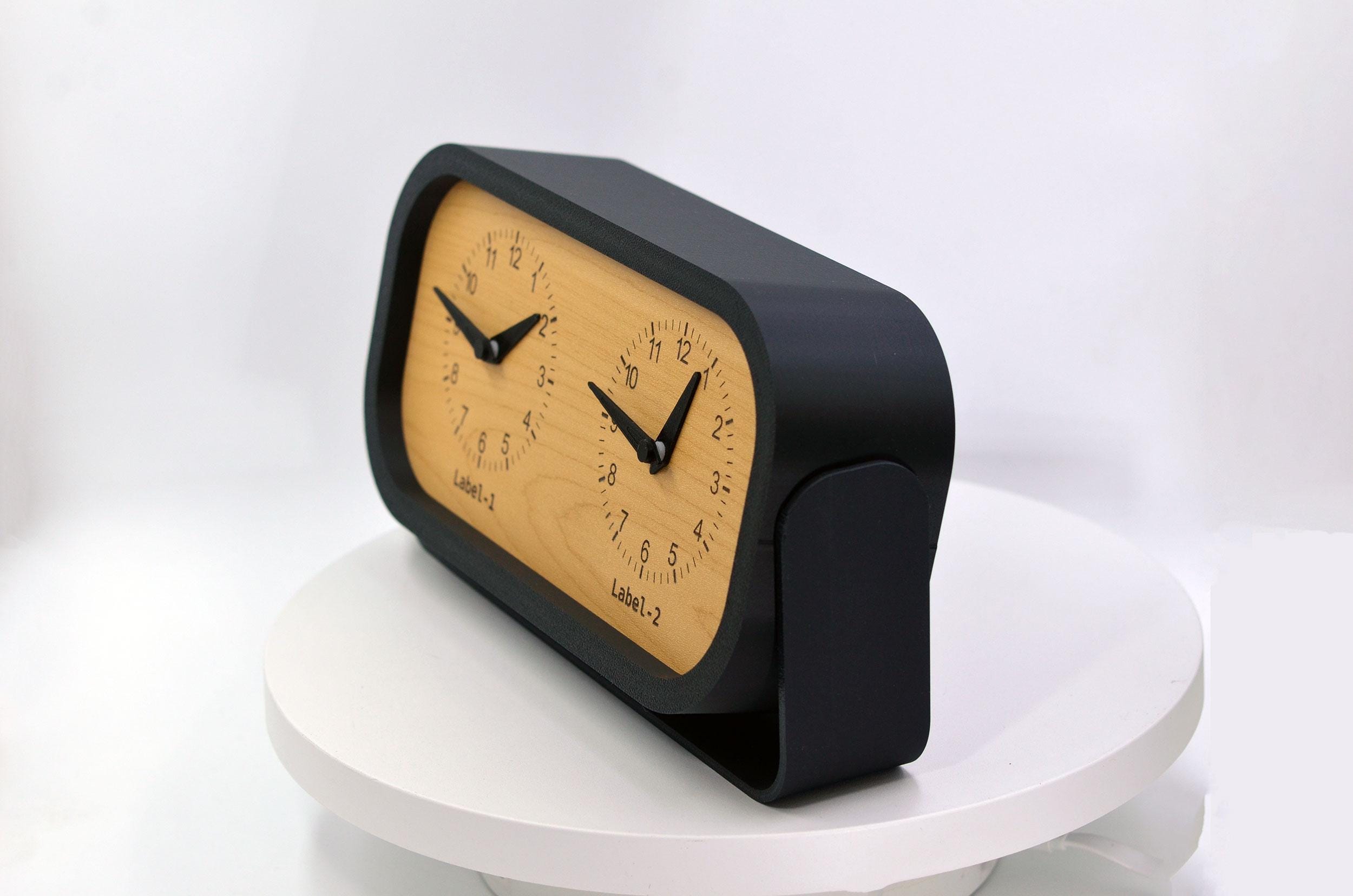 Personalized Two Time Zone Clock Custom Made World 2 Timezone Desktop Table, Minimalist Modern Desk Clock with Tilting Base, Slient Clock