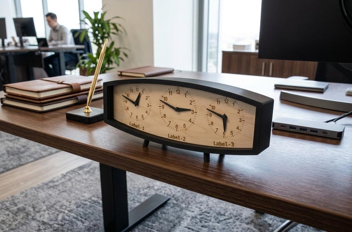 Personalized Triple Time Zone Clock Custom Made World 3 Timezone Desktop Table Mid Century Modern Desk Clock Handmade Retro Clock MCM Design