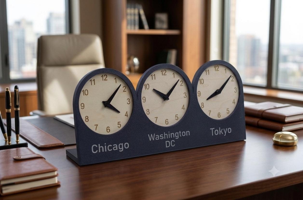 Personalized Triple Time Zone Desk Clock, Custom Text Clock, Modern Wooden Desk Clock, Silent Table Clock, Office Desk Decor, Unique Gift