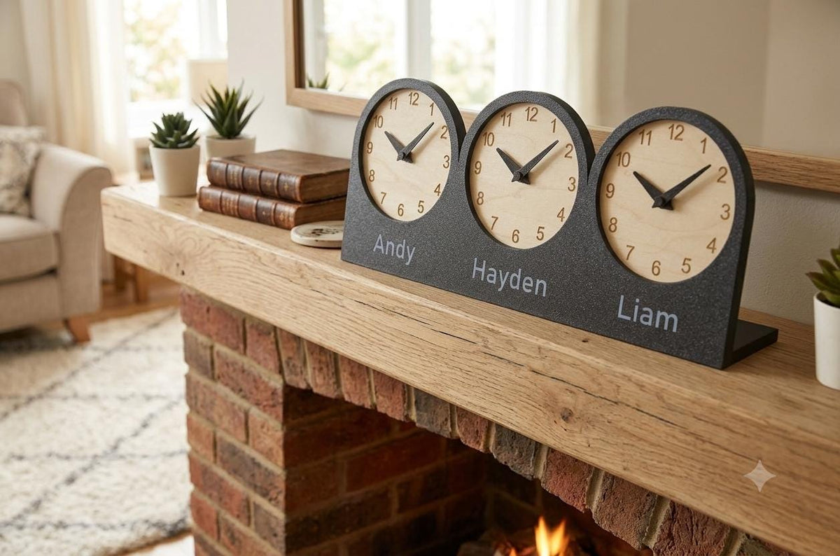 Personalized Triple Time Zone Desk Clock, Custom Text Clock, Modern Wooden Desk Clock, Silent Table Clock, Office Desk Decor, Unique Gift