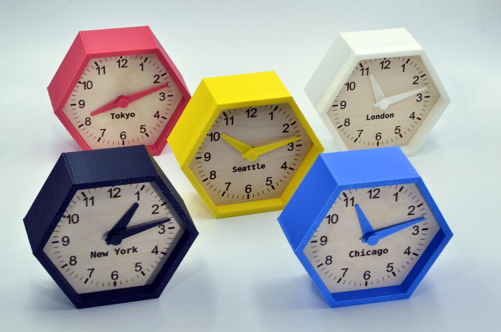 Set of Custom Multi-Timezone Clocks – Maple Wood Hexagon Desk Clocks in Black, White, Red, Blue, and Yellow – Perfect for Office or Gifts
