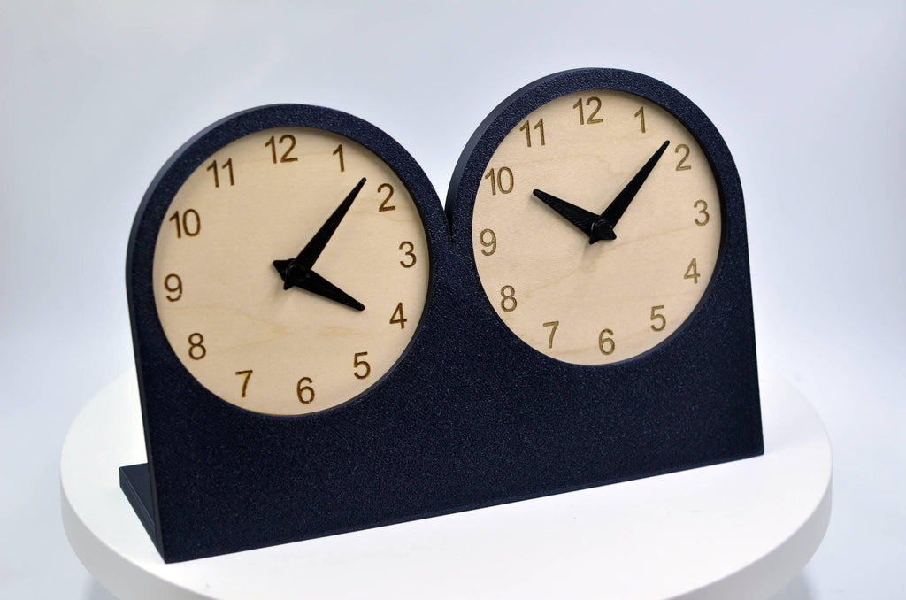 Personalized Dual Time Zone Desk Clock, Custom Text Clock, Modern Wooden Desk Clock, Silent Table Clock, Office Desk Decor, Unique Gift