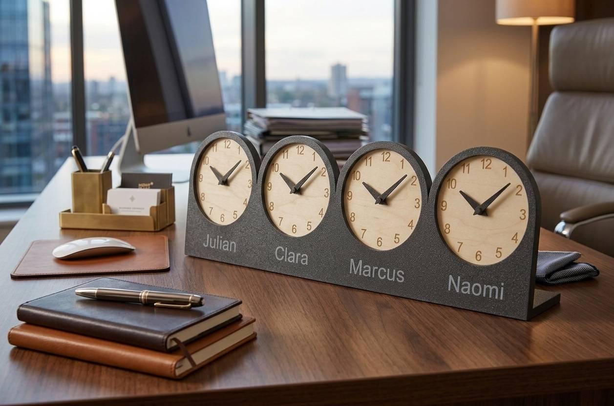 Personalized Quadruple Time Zone Desk Clock, Custom Text Clock, Modern Wooden Desk Clock, Silent Table Clock, Office Desk Decor, Unique Gift
