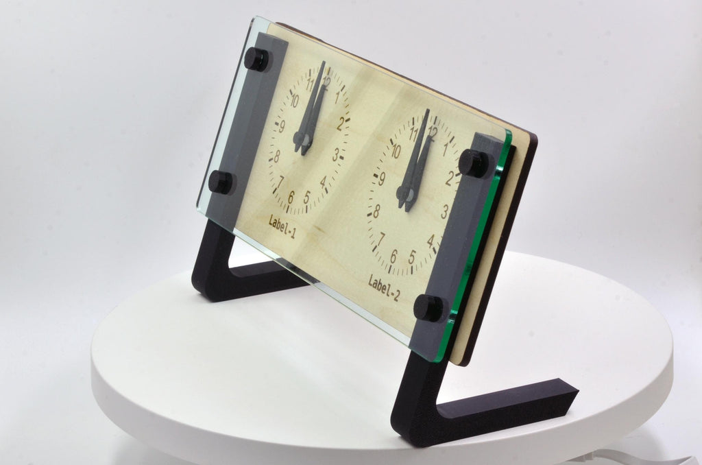 Personalized Dual Time Zone Clock Custom World Time Table Clock, Minimalist Modern Desk Clock, Handmade Wooden Clock With Plexi-glass Front