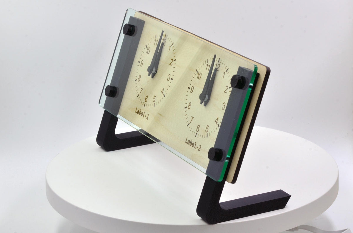 Personalized Dual Time Zone Clock Custom World Time Table Clock, Minimalist Modern Desk Clock, Handmade Wooden Clock With Plexi-glass Front
