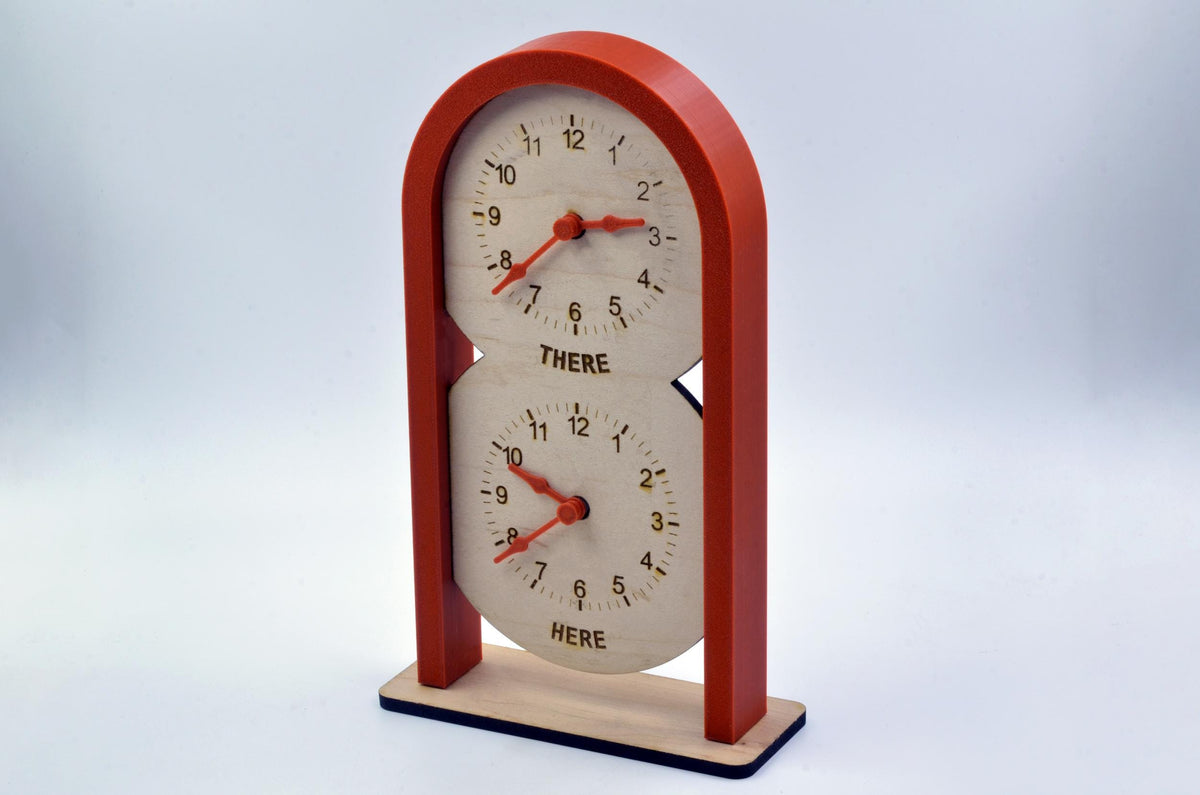 Minimalist two time zone wooden clock for home or office desk