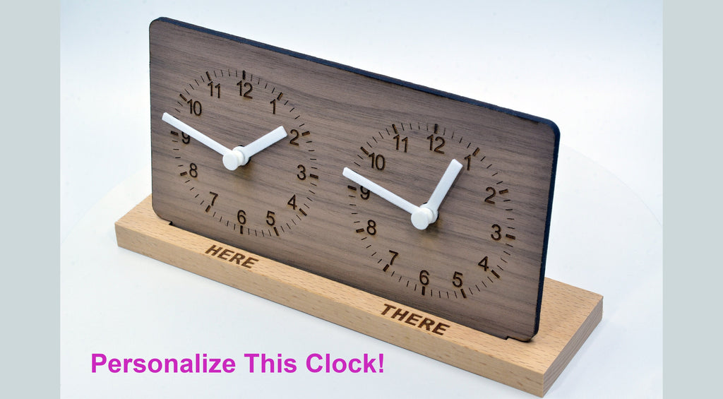 Personalized Two Time Zone Clock Custom Made World 2 Timezone Desktop Table World Clock Walnut Wood