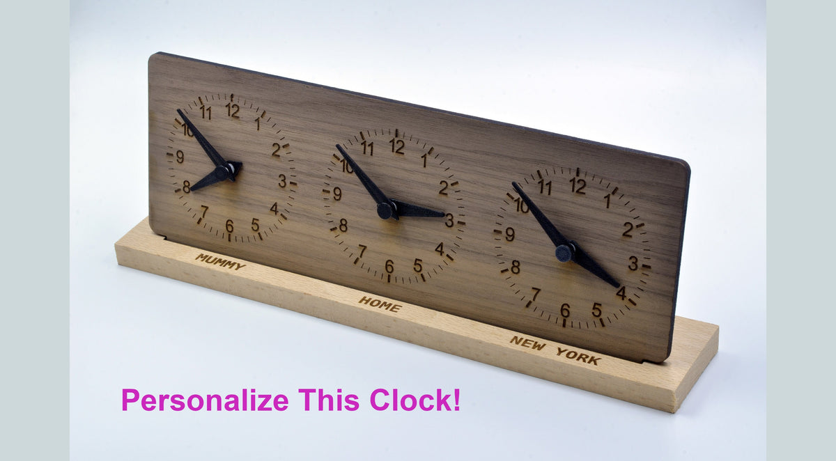 Personalized Three Time Zone Clock Custom Made World 3 Timezone Desktop Table World Clock Walnut Wood