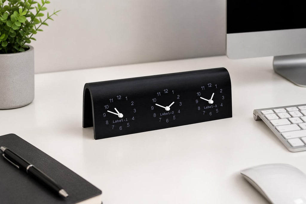 Custom Triple Time Zone Desk Clock, Personalized Desk Nameplate Clock, Silent Non-Ticking Arch Table Clock, Modern Office Decor, Raised Text