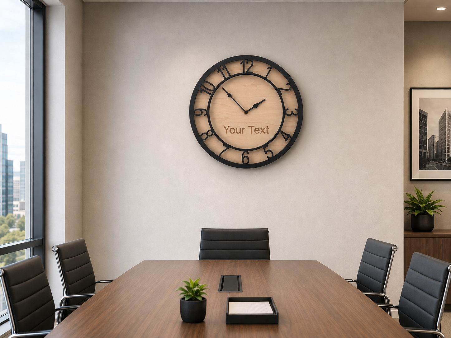 Custom Wood Wall Clock, Personalized Text Engraved, Silent Non-Ticking Minimalist Clock, See Thru Numbers, Custom Gift, size 8 to 11 Inch