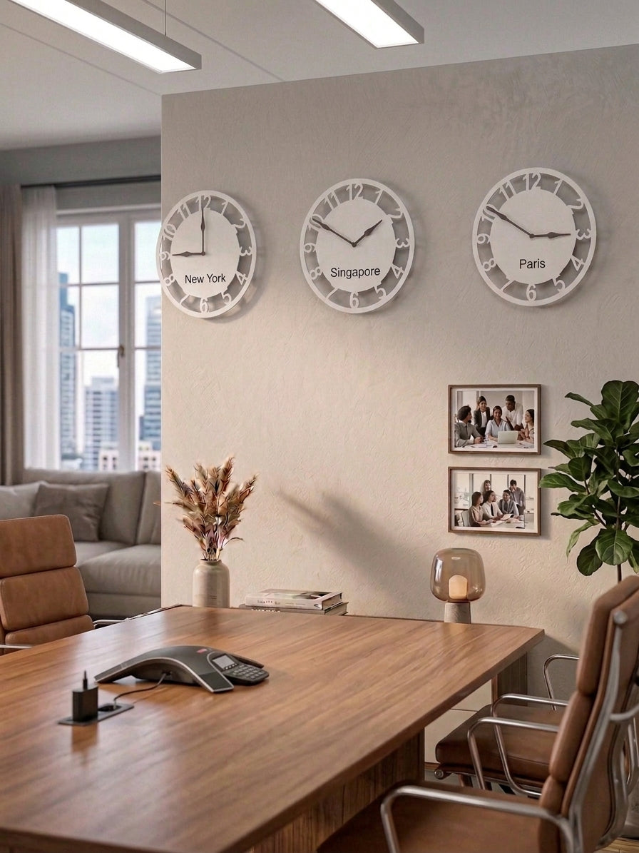 Custom Multi Time Zone Wall Clock with Open-Frame Numbers, Silent Non-Ticking, Minimalist, Modern Wall Decor, Personalized Clock Office Gift