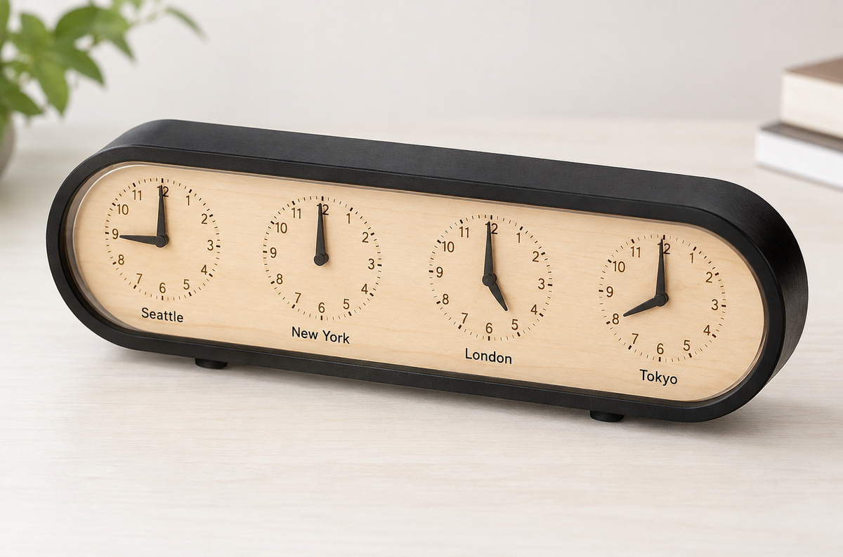 Personalized 4 Time Zone Desk Clock – Maple Wood with Plexiglass