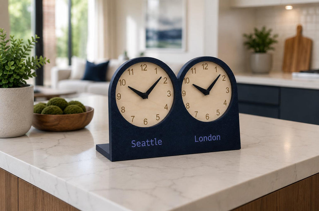 Personalized Dual Time Zone Desk Clock, Custom Text Clock, Modern Wooden Desk Clock, Silent Table Clock, Office Desk Decor, Unique Gift