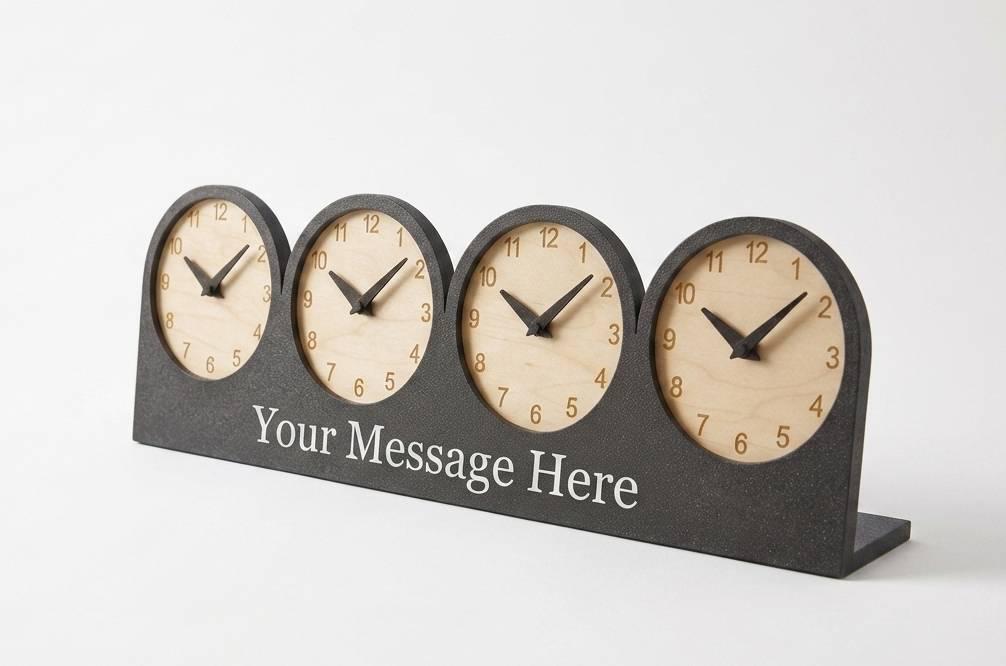 Personalized Quadruple Time Zone Desk Clock, Custom Text Clock, Modern Wooden Desk Clock, Silent Table Clock, Office Desk Decor, Unique Gift