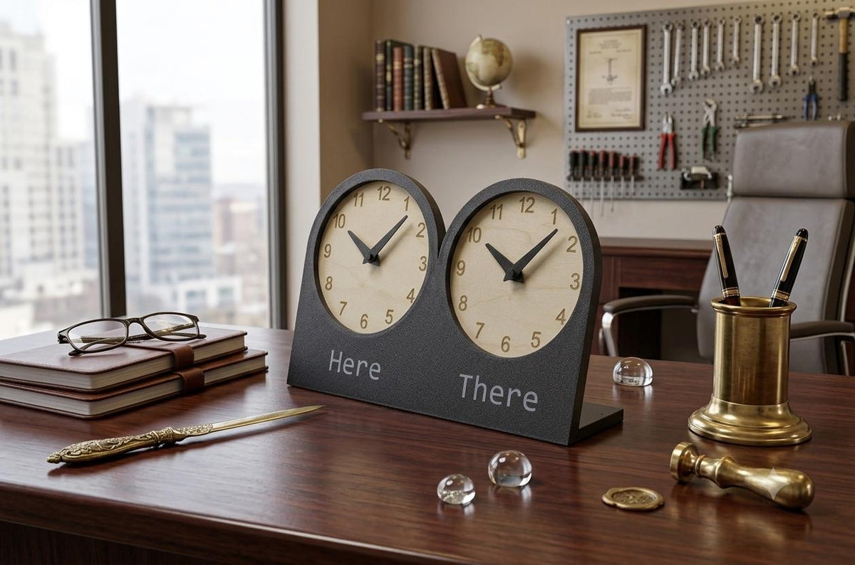 Personalized Dual Time Zone Desk Clock, Custom Text Clock, Modern Wooden Desk Clock, Silent Table Clock, Office Desk Decor, Unique Gift