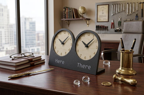 Custom text dual time zone wooden desk clock
