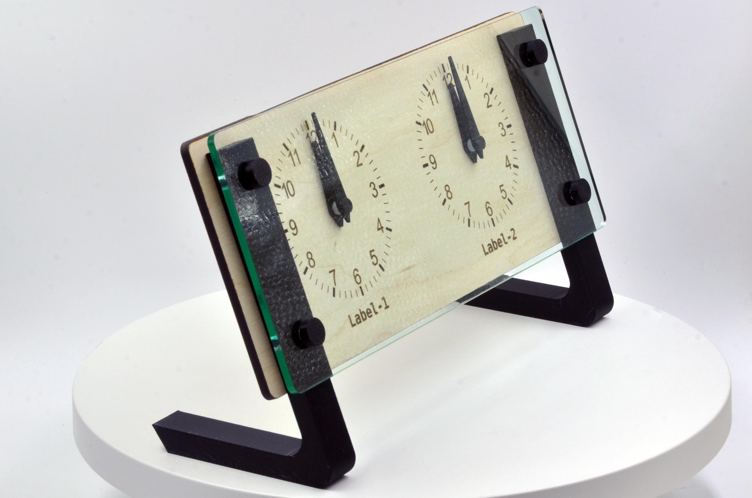 Personalized Dual Time Zone Clock Custom World Time Table Clock, Minimalist Modern Desk Clock, Handmade Wooden Clock With Plexi-glass Front