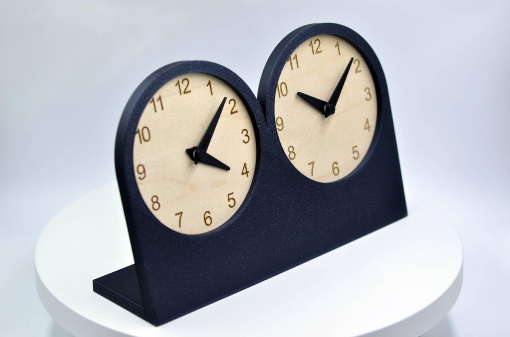 Personalized Dual Time Zone Desk Clock, Custom Text Clock, Modern Wooden Desk Clock, Silent Table Clock, Office Desk Decor, Unique Gift