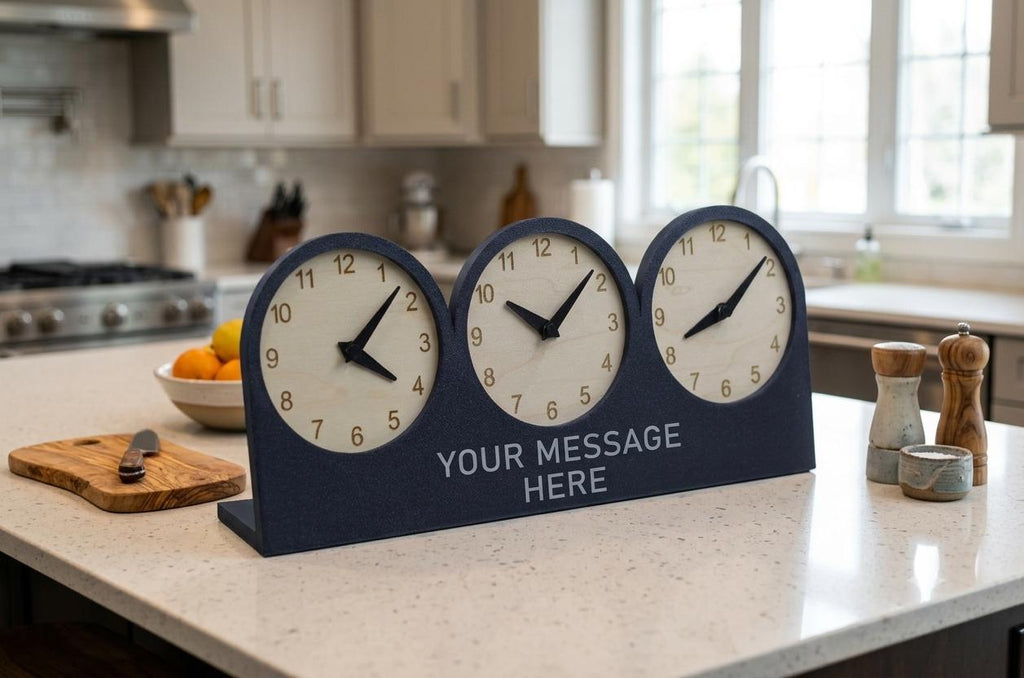 Personalized Triple Time Zone Desk Clock, Custom Text Clock, Modern Wooden Desk Clock, Silent Table Clock, Office Desk Decor, Unique Gift