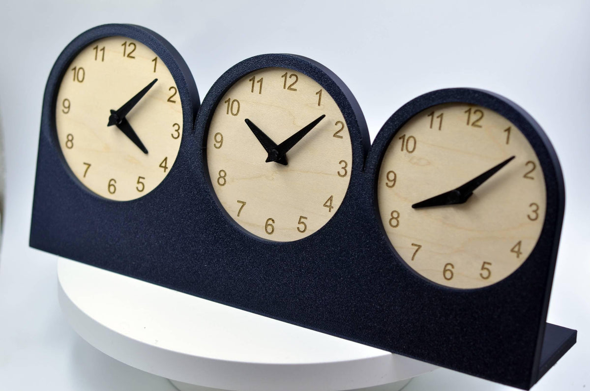 Personalized Triple Time Zone Desk Clock, Custom Text Clock, Modern Wooden Desk Clock, Silent Table Clock, Office Desk Decor, Unique Gift