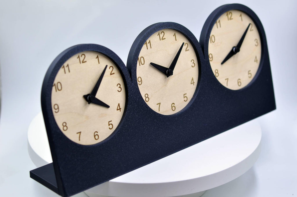 Personalized Triple Time Zone Desk Clock, Custom Text Clock, Modern Wooden Desk Clock, Silent Table Clock, Office Desk Decor, Unique Gift