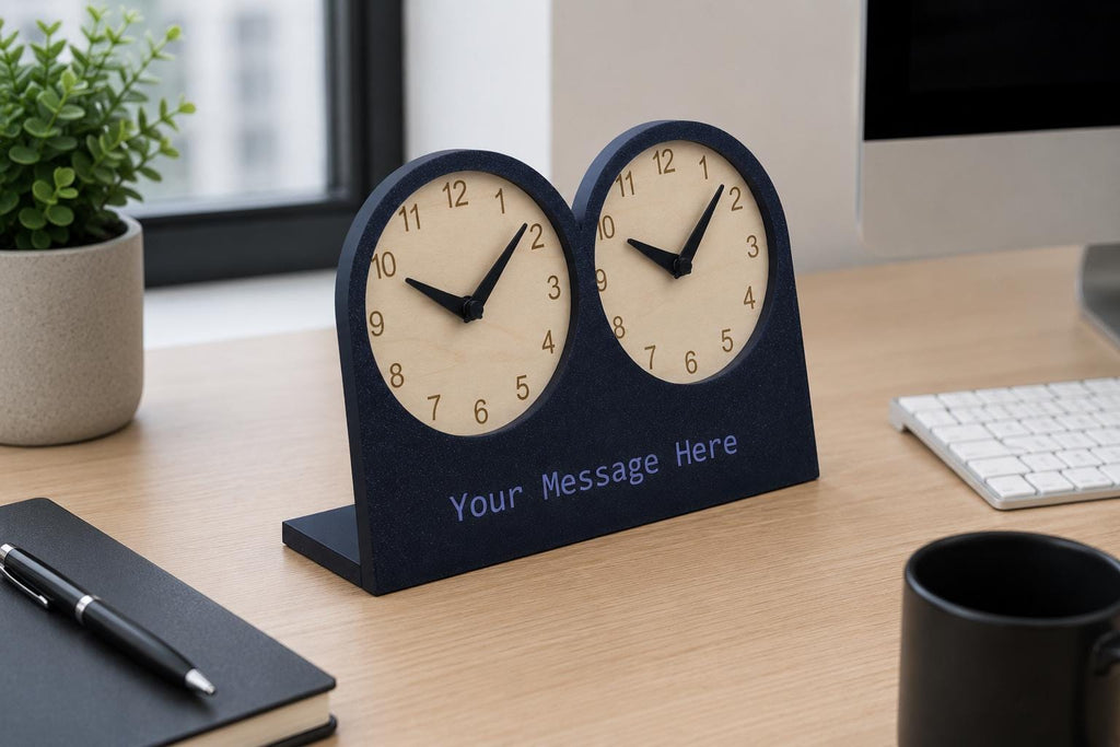 Personalized Dual Time Zone Desk Clock, Custom Text Clock, Modern Wooden Desk Clock, Silent Table Clock, Office Desk Decor, Unique Gift