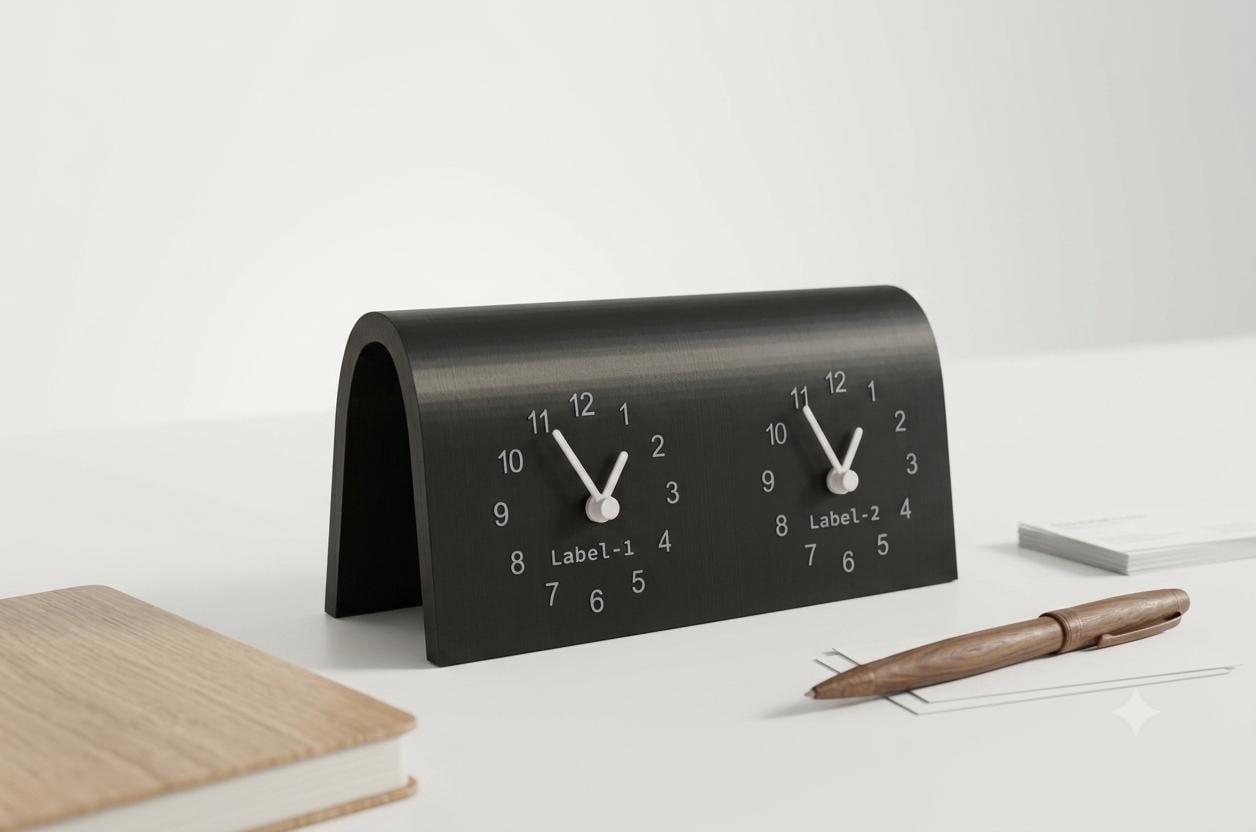 Custom Dual Time Zone Desk Clock, Personalized Desk Nameplate Clock, Silent Non-Ticking Arch Table Clock, Modern Office Decor, Raised Text