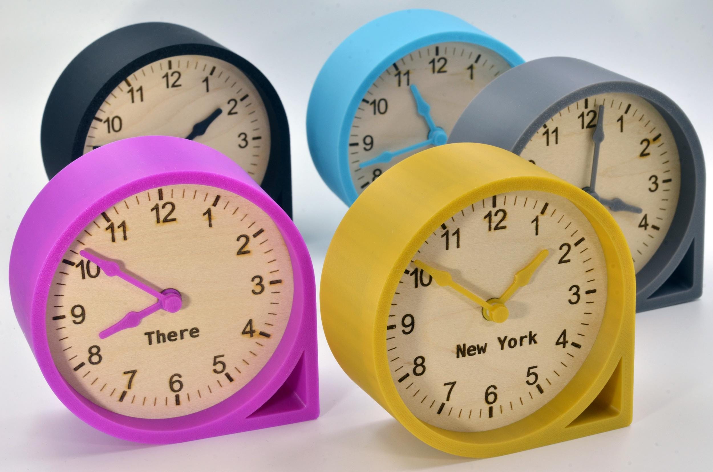 Custom Multi-Timezone Clocks Set – Handmade Minimalist Design Maple Wood Desk Clocks with Modern Rounded Triangular Frames in Various Colors