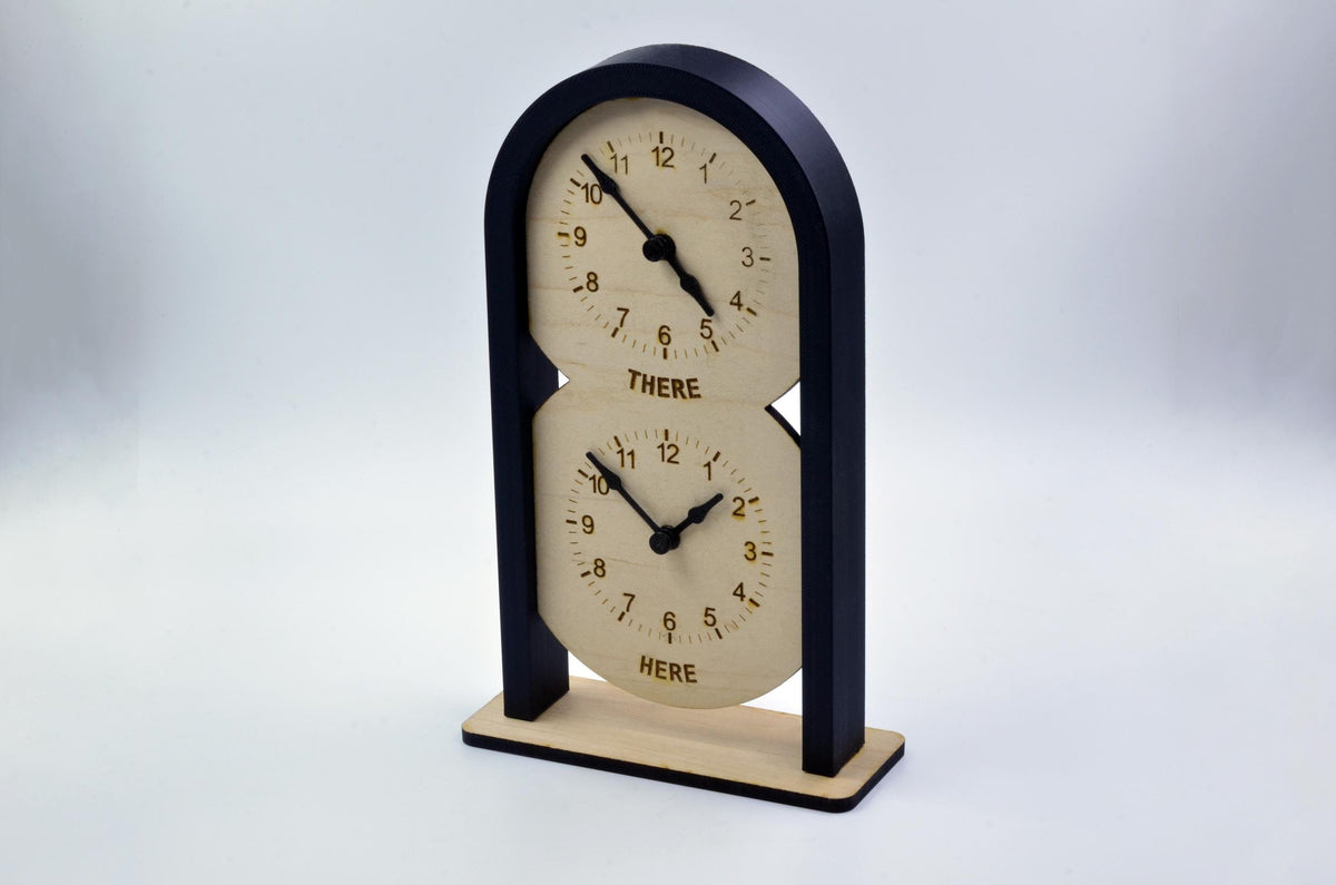 Custom maple wood desk clock displaying two different time zones