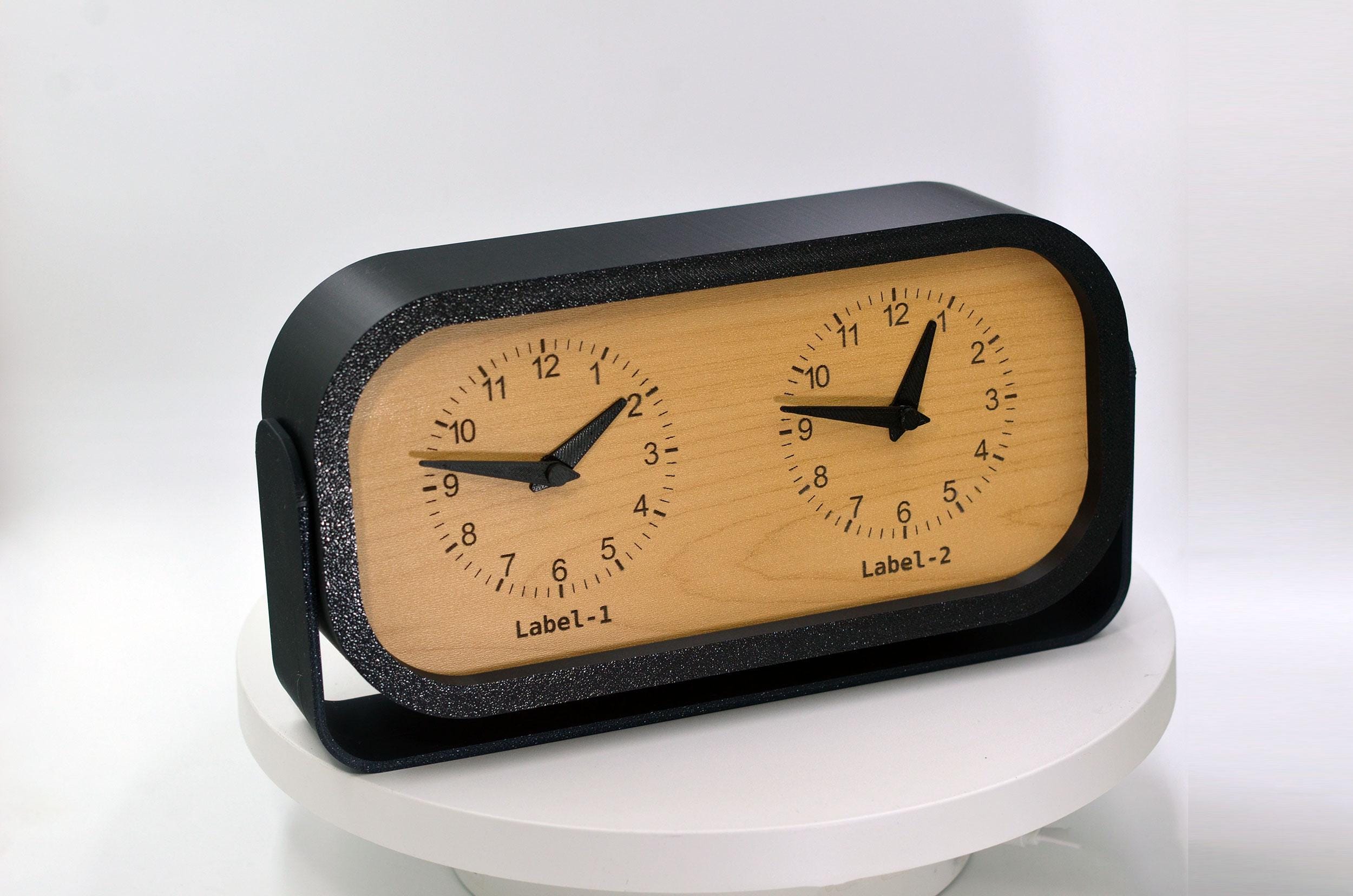 Personalized Two Time Zone Clock Custom Made World 2 Timezone Desktop Table, Minimalist Modern Desk Clock with Tilting Base, Slient Clock